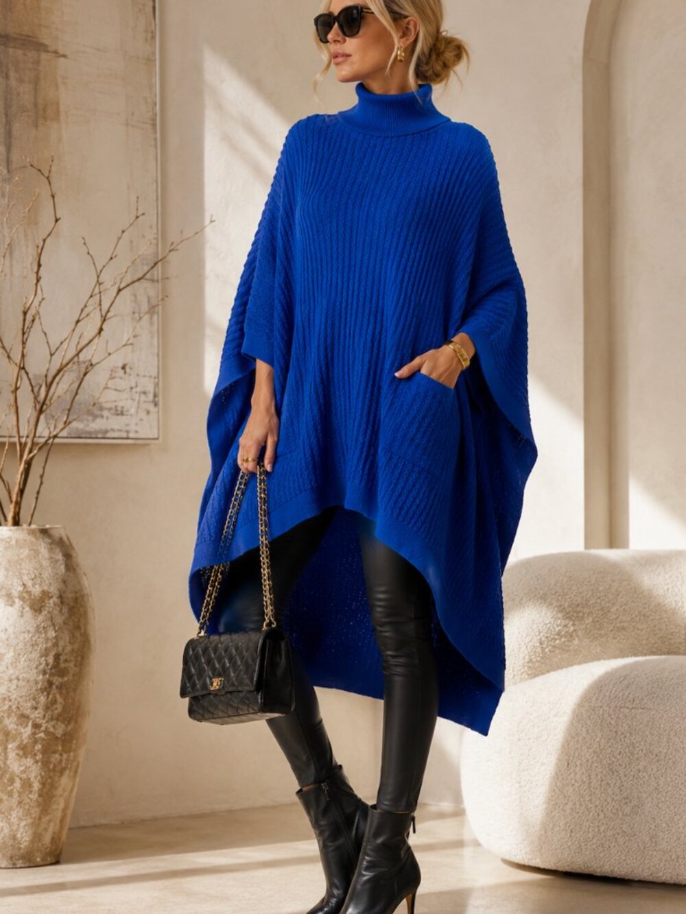 Kate Hewko Cobalt Blue Oversized High Low Zigzag Tunic Cocoon Sweater Poncho